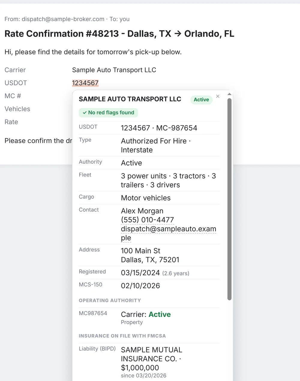 DOT/MC Lookup card with a carrier's FMCSA profile over a rate confirmation