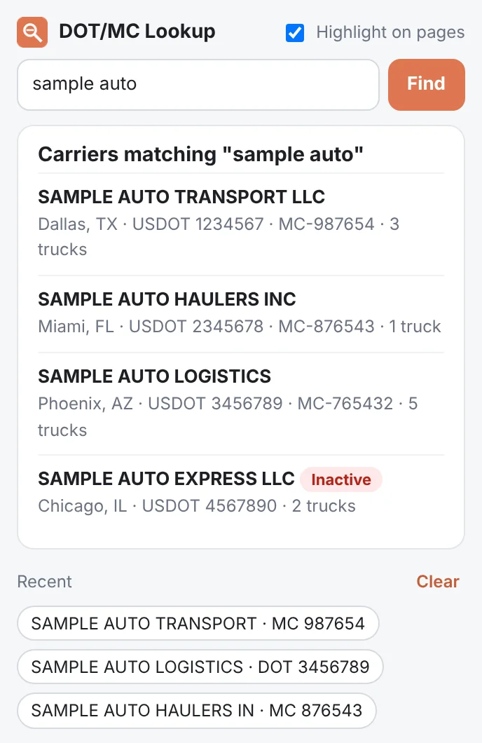 Company name search in the toolbar popup